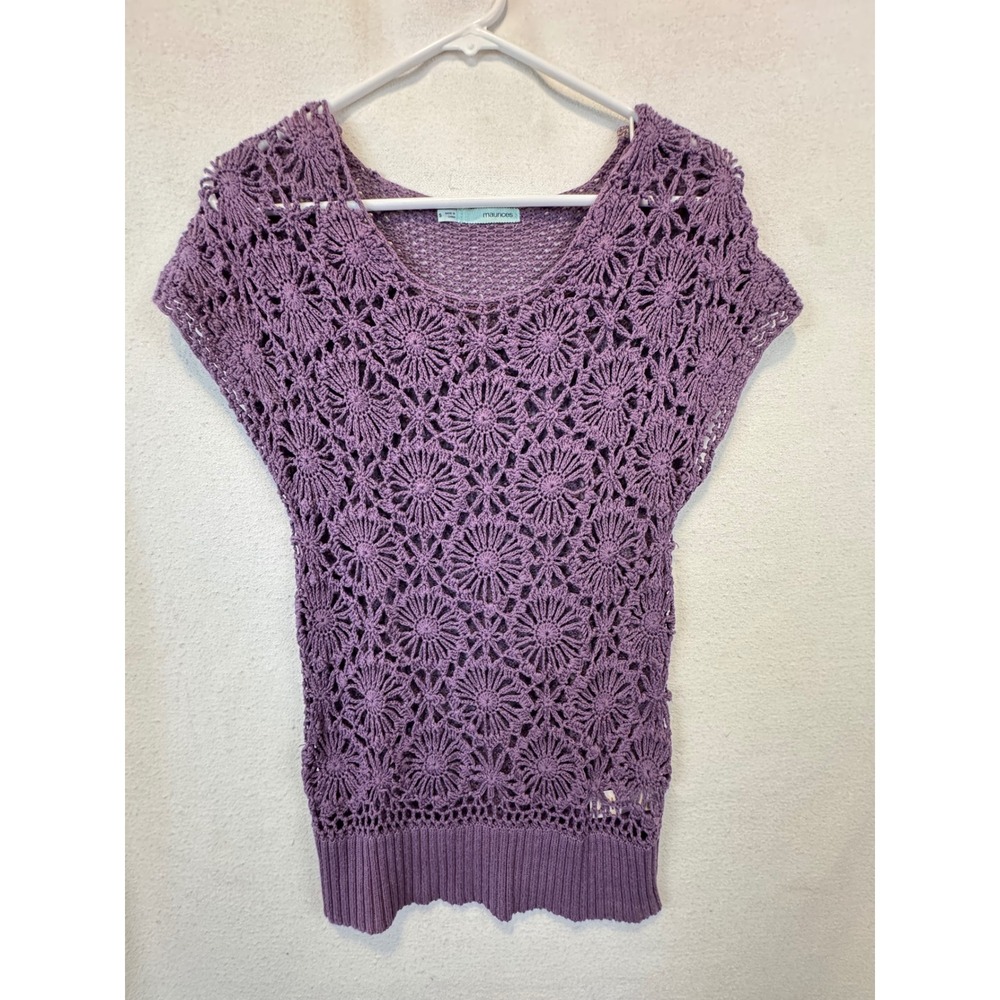 Maurices Crochet Top Purple Floral Medallion Mesh Back Short Sleeve Sweater S